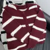 Suéter Cardigan de Tricô com Gola Redonda e Blocos de Cor Listrados Novo Outono e Inverno Top Suéter Casaco Feminino para Outono