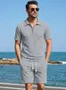 Estilo Verão Novo Amazon Transfronteiriço Camisa Polo Masculina com Xadrez Pequeno e Lapela Manga Curta Shorts Conjunto Esportivo Casual