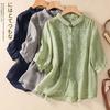Comercio Exterior Italiano Exportación Verano Nueva Camisa Artística Bordada de Algodón y Lino con Texto Elegante Solapa Camisa Suelta para Mujer
