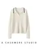 Suéter delgado de cachemira para mujer para otoño e invierno, tejido de ochos con cuello de gaviota, corte ajustado, bloques de color, top pullover versátil