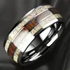 Anillo de Moda Popular Transfronterizo de Acero Inoxidable Incrustado de Dos Tonos con Veta de Madera de 8 mm Color Acero Esférico Tres Ranuras Madera Blanca y Caoba