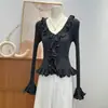 Puro Deseo Estilo Chica Picante Suéter de Punto de Manga Larga para Mujer Otoño Invierno Nuevo Cuello con Volantes Adelgazante Chic Top Corto