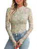 2026 Nuevo Estilo Europeo y Americano Estampado Floral 3D Cuello Alto Manga Larga Base de Malla Camisa para Mujer, Ajuste Delgado Top de Moda Otoño