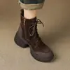 Botas de tornozelo femininas de camurça com sola grossa 2026 modernas estilosas novas outono e inverno salto plataforma salto alto com cadarço estilo britânico Botas Martin