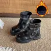 Botas de Moda para Niñas 2026 Otoño/Invierno Nuevas Retro Forradas de Terciopelo con Hebilla Cuadros Botas Martin para Niñas Estilo Británico Media Pantorrilla Tendencia