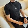 Transmisión en vivo con productos verano nuevo para hombre lujo ligero textura elástica cuello pequeño camiseta manga corta ajuste ceñido rufián guapo chicos camiseta