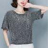 Camiseta de Seda Brillante para Mujer Manga Corta Verano 2023 Nueva Llegada Talla Grande Suelta para la Barriga Camisa Base de Seda Brillante ins Estampado de Leopardo Camisa Pequeña