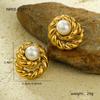 Brincos Retro de Aço Inoxidável Dourado, Brincos da Moda, Pérolas Redondas Incrustadas, Brincos da Moda e de Alta Qualidade por Atacado
