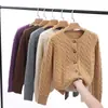 26 Cárdigan de Cachemir Grueso Tejido en Punto Trenzado para Otoño/Invierno para Mujer, Estilo Corto, Color Sólido, Corte Holgado, Suéter de Lana Estilo Perezoso, Abrigo de Suéter Tejido
