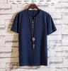 Camiseta de manga corta de color liso para hombre, nueva de verano, estilo japonés, fina, cuello en V, mezcla de algodón y lino, moda juvenil, camiseta de manga corta