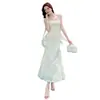 Vestido de Malla con Parches y Tirantes Estilo Elegante y Suave de Verano Nuevo Diseño de Nicho Ajustado Largo con Lazos para Mujer