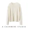 Camisa base de tricô 100% caxemira pura, moderna, macia, confortável, cor sólida, gola redonda, suéter com bordado, elegante para mulheres, adequado para o trabalho