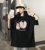 100% algodão manga curta preto camiseta feminina verão Novo estilo preguiçoso elegante design solto na parte inferior