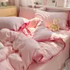 Conjunto de Roupa de Cama de Quatro Peças Estilo Coreano Classe A, Lençol de Cama de Algodão Puro Lavado com Bolinhas e Amarração, Capa de Edredom, Lençol de Elástico, Conjunto de Três Peças para Dormitório 3