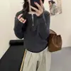 Elegante e macio suéter de tricô 100% lã pura com zíper parcial para mulheres, modelagem solta, gola redonda, mangas compridas, top moderno e versátil