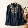 Camisas de Algodão e Linho para Mulheres, Design Bordado Retrô, Tops de Nicho, Camisas de Trabalho com Visual Solto que Emagrece, Novos Estilos de Outono