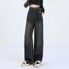 Jeans Retrô de Cintura Alta Wide Leg para Primavera e Outono Design Feminino Estilo Americano High Street Estilo de Hong Kong Vintage Calças Retas Versáteis