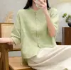 Top Camisa Casual de Algodón y Lino Manga Media Dopamine para Mujer Verano Nueva Llegada Versátil Cárdigan de Cinco Mangas Versátil Adelgazante