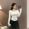 Pure Desire Style Outono Novo Design Sense Oblique Collar Shoulder T-shirt Estilo Coreano Slim-fit Slimming Fashionable Manga Comprida Niche Top