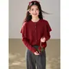 Blusa de Tricô Vermelha com Gola Franzida de Manga Longa Estilo Chic Francês para Mulheres Nova Moda Outono 2026 Slimming Versátil