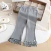 Calça flare de renda para meninas, estilo primavera e outono, calça flare babada da moda para bebês, calça comprida elástica infantil