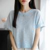 2025 Nuevo Verano Lino de Bambú Cuello Redondo Tejido de Punto Manga Corta para Mujer Color Puro Delgado Suelto Jersey Camiseta Básica