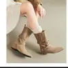 Botas retro de ante de media pantorrilla para mujer, nueva colección primavera/otoño 2026, con tacón grueso, detalle de hebilla, diseño convertible y punta fina, botas de moda