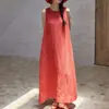Vestido regata vintage de linho relaxado, cor sólida respirável, vestido longo de férias em estilo artístico