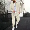 Conjunto de dos piezas para hombre de estilo europeo y americano, con gofres, manga larga y pantalón largo, solapa, casual, deportivo, color liso, traje, ropa de hombre