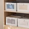 Caixa de armazenamento tecida em algodão e linho, translúcida e espessa, para uso doméstico, com tecido visível, estilo gaveta e design dobrável para guardar roupas