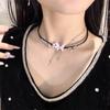 Collar Apilado de Cadena de Cuero de Mariposa Rosa para Mujer, Lujo Ligero Nicho Cadena Clavícula Colgante Aretes