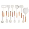 Juego de Utensilios de Cocina de Madera de Haya y Silicona Blanca Translúcida, Espátula Resistente al Calor de Grado Alimenticio, Cucharón para Sopa y Cuchara Ranurada para Cocina Casera