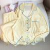 Pijama bordado amor feminino outono manga longa calças terno japonês desenho animado bonito xadrez roupas de casa tiro real atacado