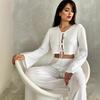 Cardigan de Manga Comprida com Decote V e Alças, Respirável, Novo para a Primavera de 2025, Puro Desejo, Calças de Cintura Solta, Roupa de Casa, Conjunto de Duas Peças para Mulheres
