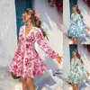 Roupas Femininas Transfronteiriças Europeias e Americanas 2025 Amazon Novo Vestido Casual Estampado de Renda com Decote em V de Férias de Manga Comprida