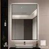 Espelho de banheiro de hotel de luxo com moldura de liga de alumínio, luz LED inteligente quadrada, espelho iluminado, espelho de parede para lavatório de banheiro