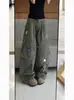 Pantalones Cargo Militares Verdes Retro Americanos Bordados Florales para Mujer, Nuevo Diseño Otoño y Verano, Pantalones de Pierna Ancha Rectos de Cintura Alta