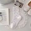 Meias Florais Estilo Japonês Selecionadas Cuidadosamente com Bordas Franzidas, Malha Respirável, Meias de Algodão Médio-Alto, Meias Slouch com Borda Bolha para a Temporada de Primavera