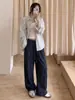 Calça jeans larga estilo retro americano old money, nova coleção de outono, cintura alta, texturizada, versátil, perna reta, casual para caminhar