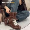 Versão em Couro de Vaca ~ Botas com Salto Interno e Solado Plano para Mulheres 2025 Novas Botas de Boxe Cadarço em Couro Nobuck Botas Curtas Botas para Treinamento Moral