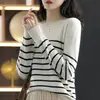 Estilo Novo Primavera e Verão Algodão Puro Listrado Manga Longa Tricô Estilo Coreano Top Gola Redonda Cor Contrastante Suéter Pulôver Camisa Base para Mulheres