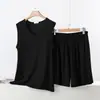 Conjunto de dos piezas para mujer de modal con cuello en V, top sin mangas y shorts, fino de verano, talla grande, nuevo, holgado, conjunto para casa