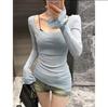 Estilo Deseo Puro Chica Picante Cuello en U Cuerno Manga Larga Camiseta Mujer Delgada Verano 2024 Nuevo Ajuste Ceñido Adelgazante Micro-Transparente Blusa Top