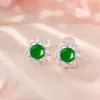 Brincos de Prata Esterlina 925 Estilo Retrô Flor de Calcedônia Verde para Mulheres, Brincos de Girassol Estilo Chinês, Joias de Orelha de Luxo Leve e de Alta Qualidade