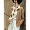 Cárdigan de punto retro con patchwork y cuello alto para mujer, principios de otoño, diseño de bloques de color de alta gama, elegante y estiloso para el trabajo
