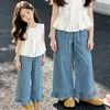 Calça Jeans de Tencel para Meninas 2026 Roupa de Verão Meninas Grandes Estilo Coreano Calça de Perna Larga Calça Casual para Meninas Alunos do Ensino Fundamental Calça Cropped