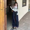 Jeans de Mezclilla de Pierna Ancha para Mujer, Nuevos Pantalones de Cintura Alta Sueltos Adelgazantes Azul Oscuro de Pierna Recta hasta el Piso