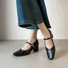 Versión de Piel de Vaca~Tacón Medio de ~5.5cm Primavera Estilo Francés Versátiles para el Trabajo Diario Piel Genuina Punta Cuadrada Poco Profundos Retro Zapatos Mary Jane