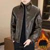 Chaqueta de Cuero de Invierno con Cuello Alto para Hombre, Forro de Lana, Engrosada, Cálida, Informal, Chaqueta de Cuero Biker de Alto Grado con Acabado Aceite y Cera