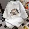 Camiseta Corta de Manga Corta Oversize con Estampado de Gato, Diseño de Marca Tendencia Retro Americana para Hombres y Mujeres, Talla Grande Holgada, Atuendo de Pareja High Street